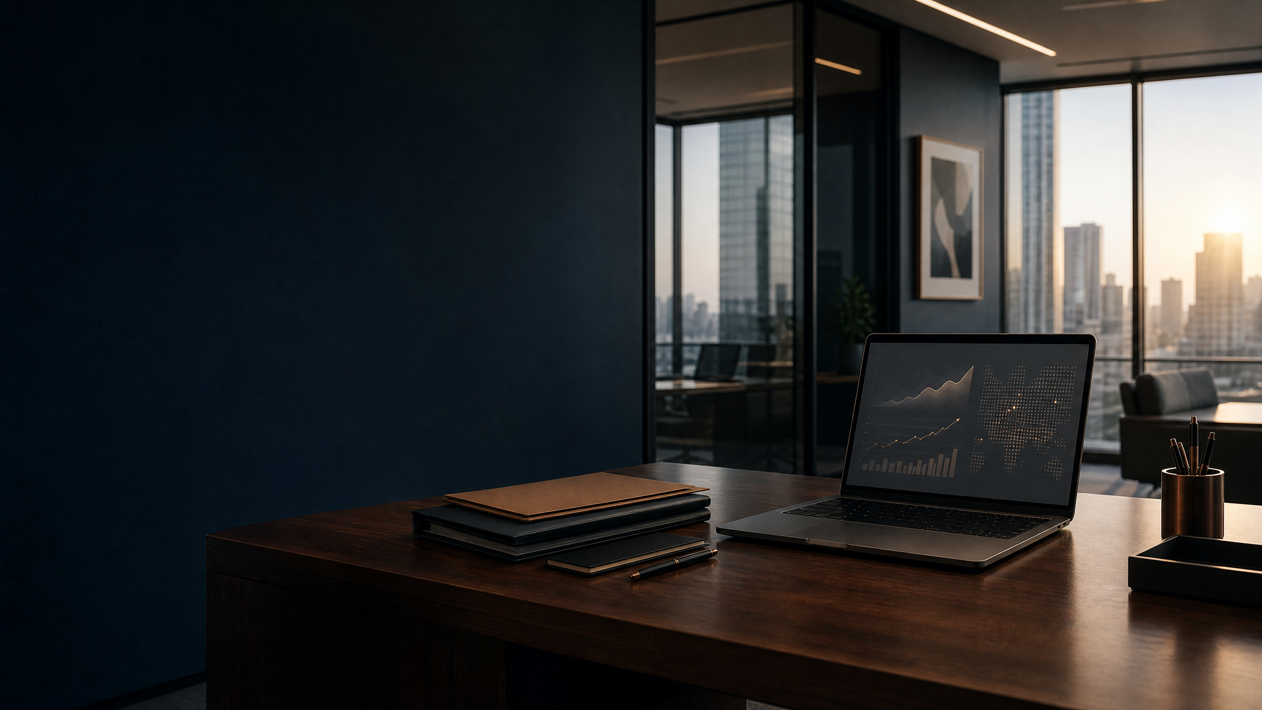 A modern law office workspace with subtle digital growth analytics